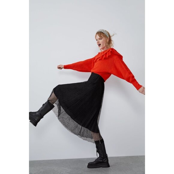 NWOT Zara black polka dot organza mesh overlay pleated skirt, L - Picture 3 of 7